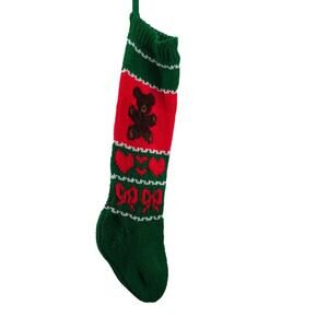 Vintage Knit Christmas Stocking Teddy Bear Hearts Bows